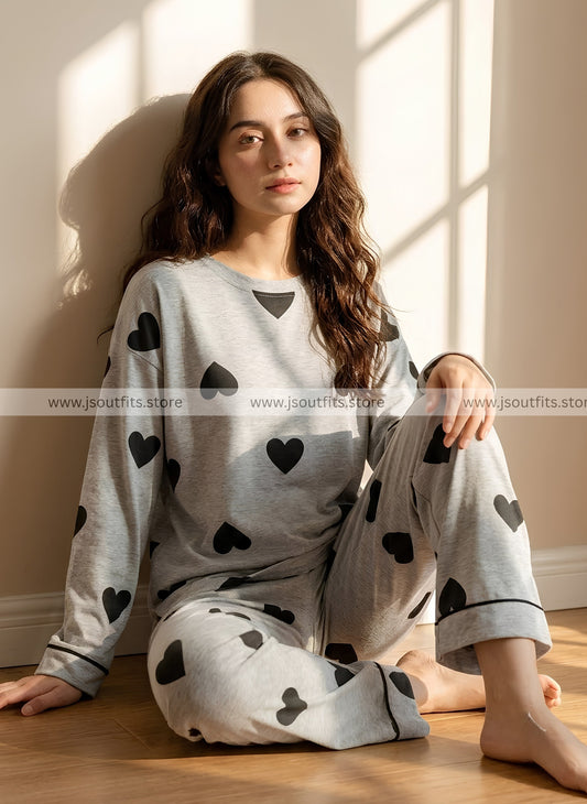 White Heart Printed Night Suit