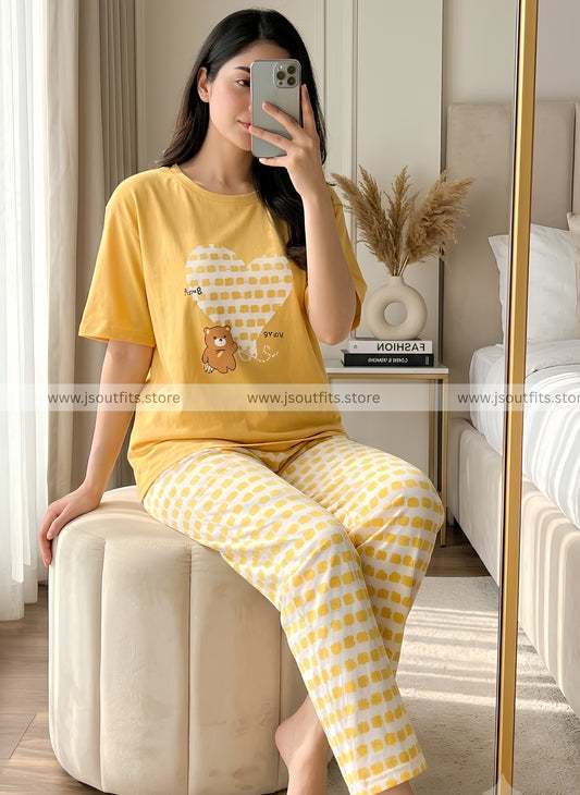 Yellow cute Heart Printed Night Suit