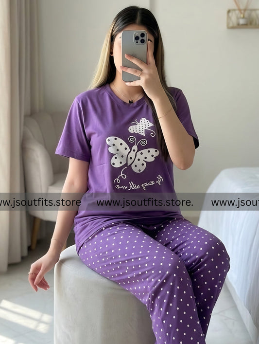 Purple Butterfly Printed  Night Suit