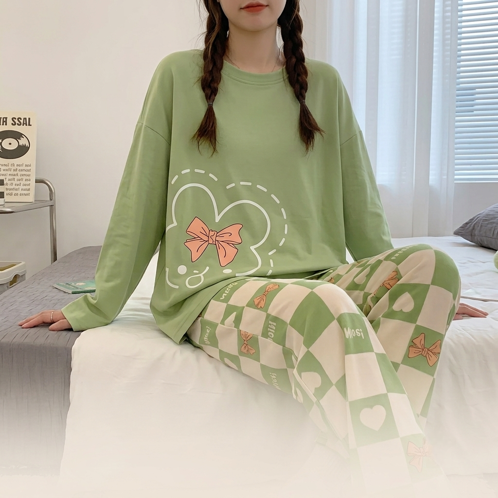 Olive Green Printed Night Suit